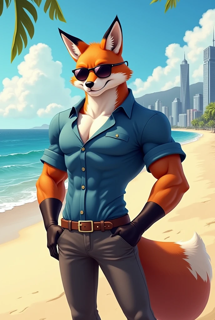 Masterpieces, furry, male, Anthropomorphic, red fox, blue eyes, black mark on muzzle, veiny, thin body, age 20, Delicate eyes, furred body, on a beach with sea and palm tree on the background, perfect lighting, light particles,(best quality),(masterpiece),(ultra detailed), sharp focus, light particles, detailed barren background, desert camo military pants, shirtless, wearingmilitary harness , no shirt , fierce look, soldier look, full body, six pack abs, brown forearms, radio backpack, red and black hair, ((digitigrade)), blue crystal necklace, giant large pectoral, giant bicep, wearing open black leather jacket