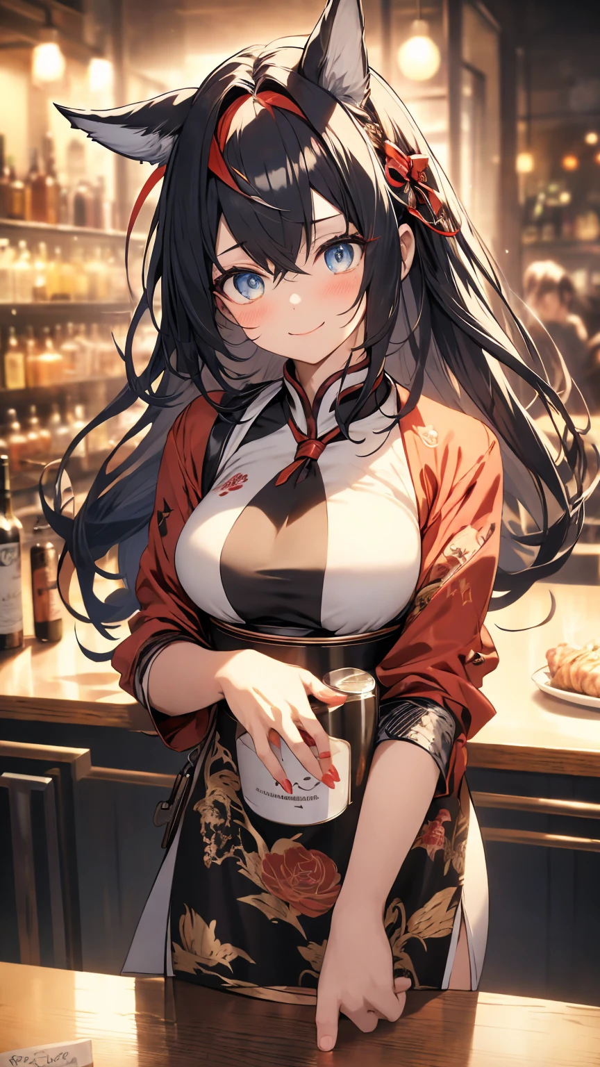 masterpiece, Best quality, Front view, Looking at the viewer, medium chest, (long hair, black hair, animal ears, blue eyes, red hair ribbon), Hip-high Qipao, (black  red  gold qipao), blushing, beautiful smile, very detailed skin, (detailed face), expressive eyes, beautiful hands, red nails, The bar counter, Intimate atmosphere, Dim lighting, Holding a glass of red wine in  hand