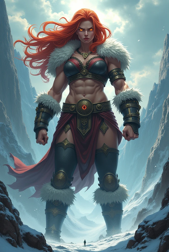 Full body image of Boudicca, the legendary Norse queen with long curly red hair, snow-pale skin and muscular, wearing silver armor with bony aspects in Wind snow