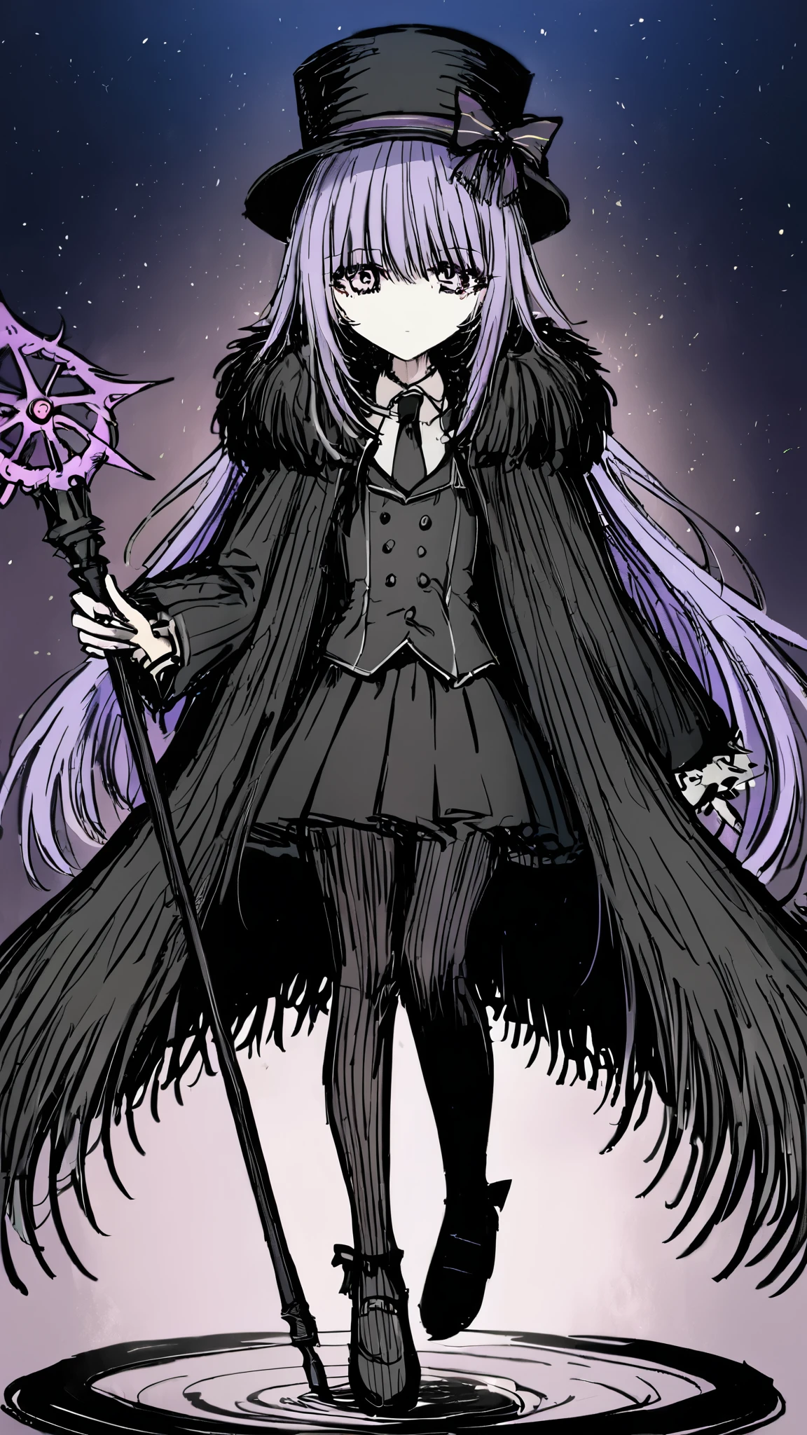 1 high girl Solo, purple hair, black hat with purple stripe, purple eyes, black suit,black fur cape bow on tie, bow on hat, black souls style, full body, looking at viewer, holding magic staff, black skirt