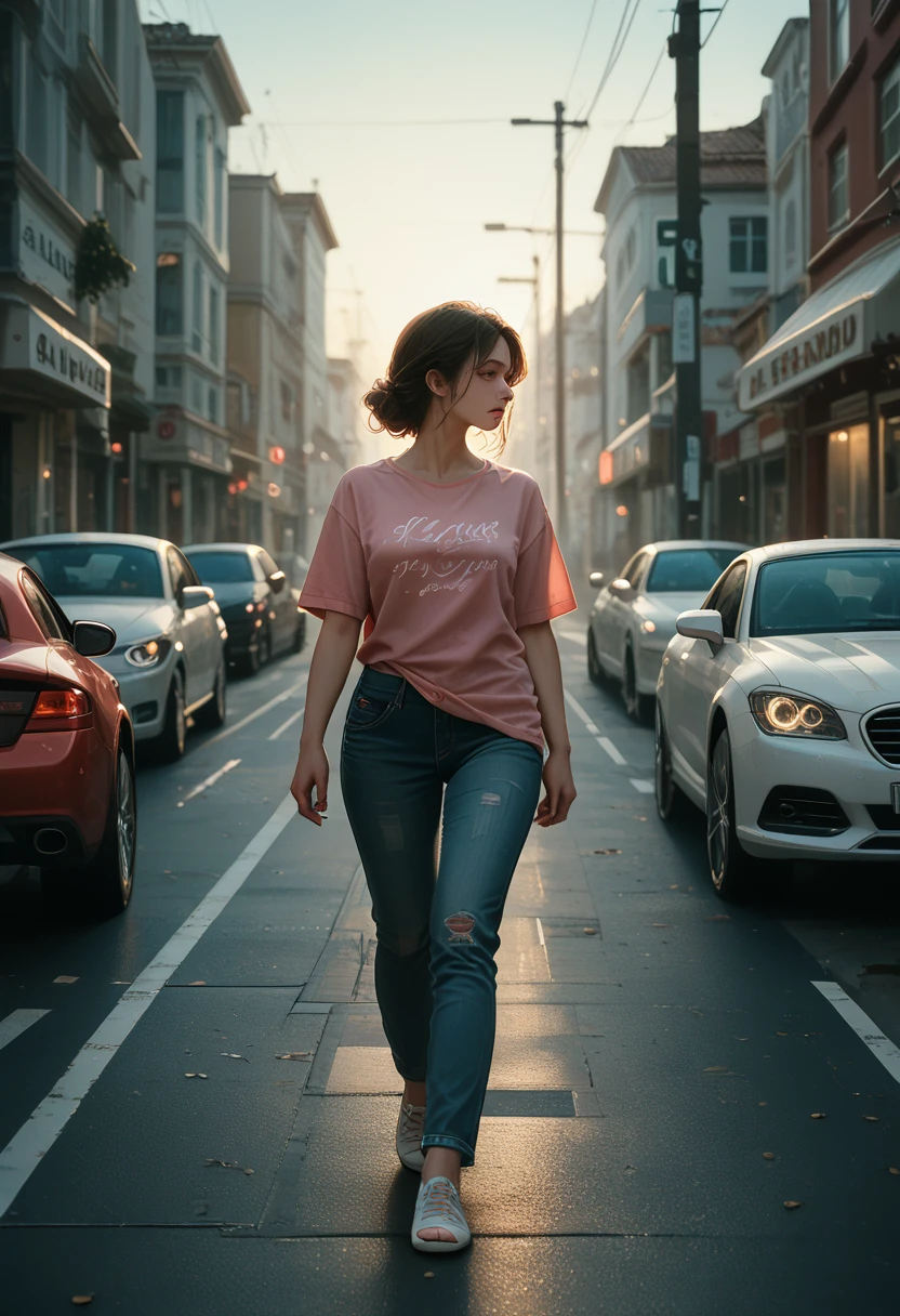 The flow of vision of a beautiful woman, walking down the street, Her pink t-shirt and faded blue jeans, sunlit, a red car drives by in the background, and a world of flickering light.  