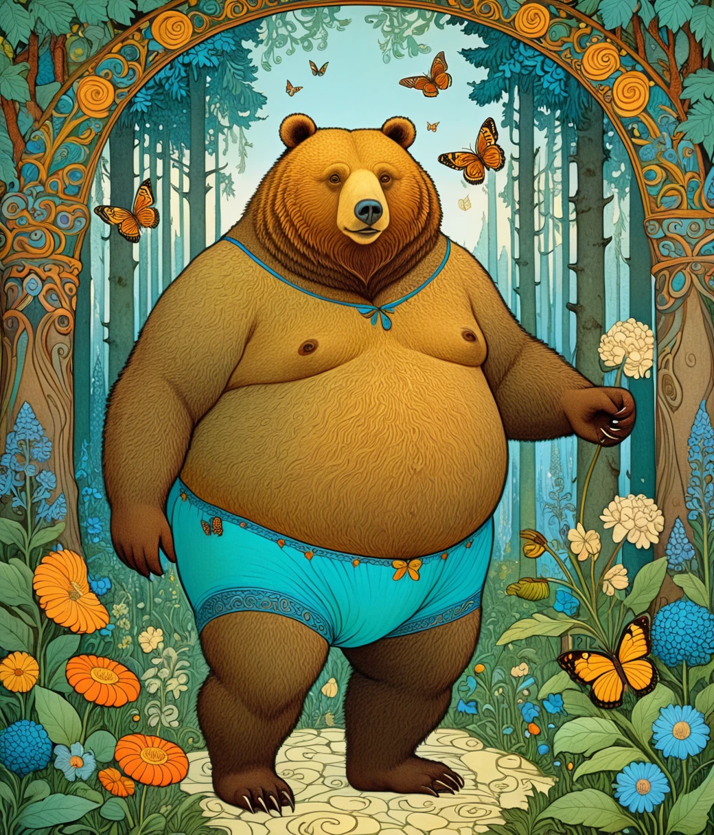 Ivan Bilibin Style page, (cute, fat, obese, anthro, male, bear), solo, full body, ((cyan briefs)), dynamic pose, enchanted forest, magical flowers, butterflies, hires textures, highly detailed, intricate details, best quality, masterpiece