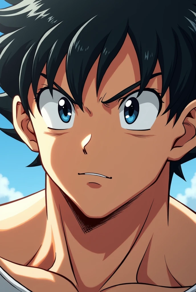 Create a single photo male anime character image,similar to a ,black hair,corpo fluffly,Caucasian skin, fluffly,with an angry face,with beach background