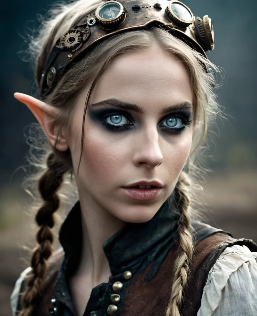 cute elf, (teenage elf  with extremely cute eyes), (((elf))), ((((high resolution))), (((extremely detailed))), ((masterpiece)), has a Prussian/Slavic look with dark make-up,  dramatic shadows, depth of field, torn dirty clothes, analog photo style, (world with steampunk and post-apocalyptic vibes), post-apocalyptic cute female in steampunk aesthetic, depth of field, full body shot, unzoomed, (perfect body: 1.4), stylized atmosphere of unreality, dark atmosphere, dynamic pose, in motion, Armageddon, increase cinematic lighting, highly life-like skin texture, pursed lips, weary eyes, fine eyes, whitened skin, random hair colour, doomsday aura