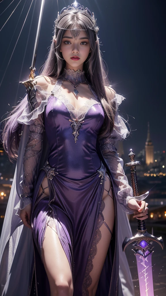 8K ultra hd, masterpiece,1 girl, ((good face)), detailed eyes, ((very long hair)), flowing hair, small breasts, royal dress, decorated dress, purple dress, anitque jwellery, detailed lacing, flowing cape, bare navel, moon light, amazing night outdoor, spot lights, glowing lights, depth of field, ray tracing, bloom, realistic shadow, tyndal effect, spreding, lights, looking at the audience, knee short,