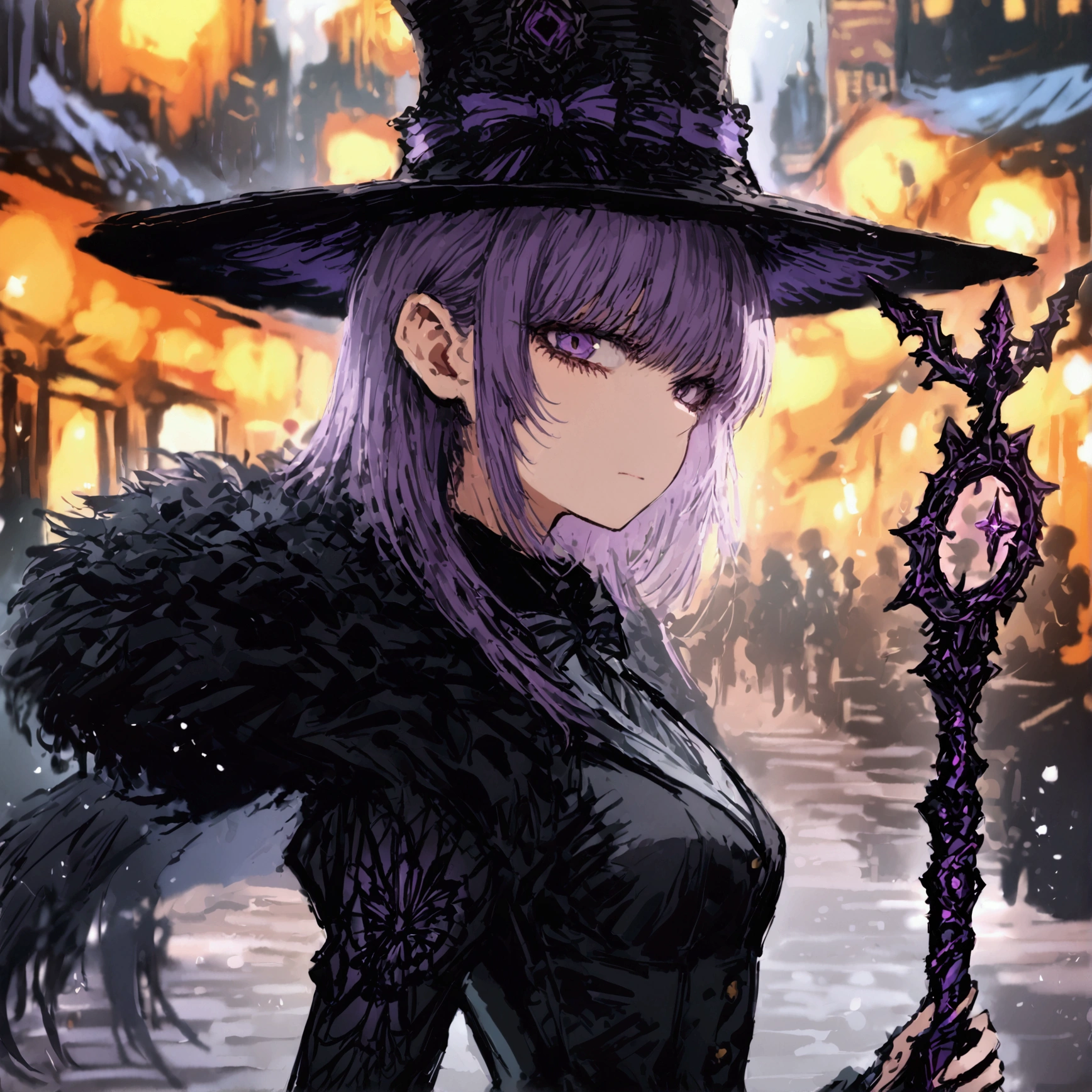 1 high girl Solo, purple hair, black hat with purple stripe, purple eyes, black suit,black fur cape bow on tie, bow on hat, black souls style, full body, looking at viewer, holding magic staff, black skirt