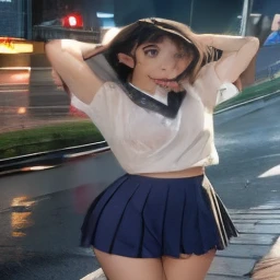 blue eyes, wearing long plain white shirt, high res, ultrasharp, masterpiece, wet shirt, black hair, pussy, crowd not notice, mysterious smile, secretly having sex in front of others, denim skirt, tiny girl