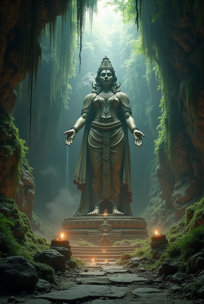 Wide view of an ancient statue of a six-armed woman meditating, holding white flames in all six hands, inside a black ancient Thai temple. dark fantasy style.