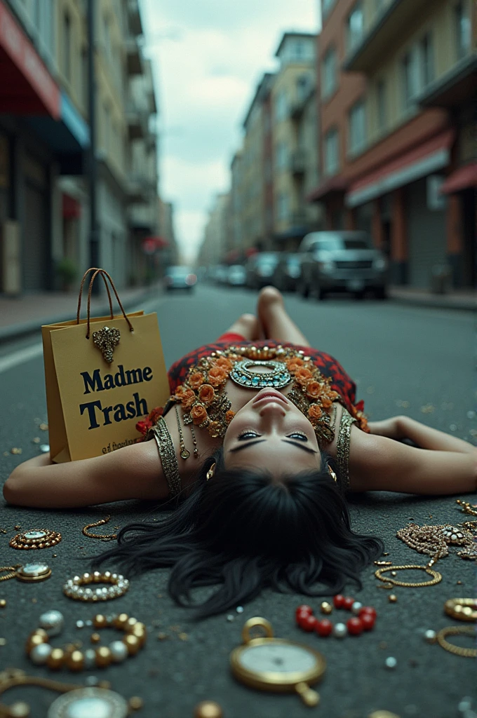 Imagine a comical scene where a stunningly attractive woman is sitting amidst a comically exaggerated pile of 'seductive' undergarments, struggling to find her phone that slipped somewhere into the mountain of lace and silk. As she searches, her frustration grows, and the over-the-top ambiance clashes hilariously with her increasingly exasperated expressions."