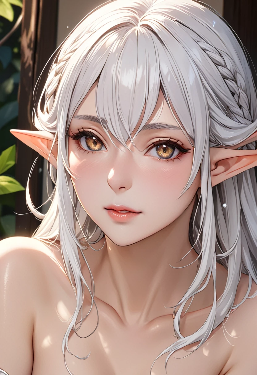 ((masterpiece,best quality,8K,high resolution)), elf, white hair, in heat, mature woman, Highly detailed facial and skin textures, narrow eyes, double eyelids, whiten skin, nude