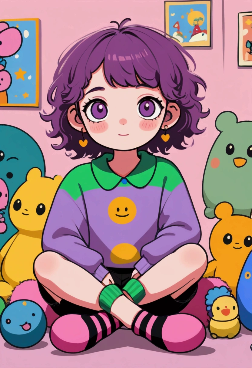 smiling, short curly hair, purple beanie hat, purple sweater with green collar, purple and black striped socks, colorful slippers with cartoon characters, sitting pose, surrounded by stuffed toys, looking at the camera, rosy cheeks, smooth skin, light pink background, indoor environment, soft light with no harsh shadows, playful, cozy and cheerful atmosphere, front view, no visible motion blur, digital illustration.