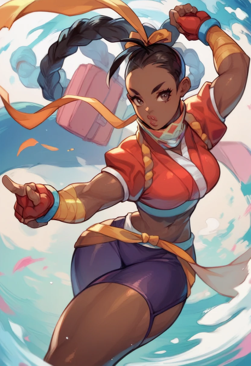 Kimberly from Street fighter, dark skin, ebony, lips,