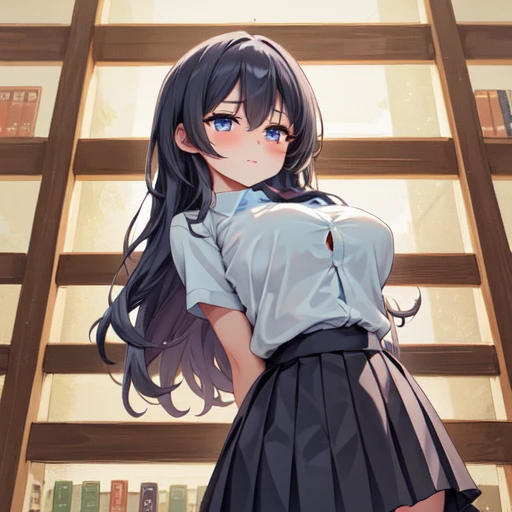 ((masterpiece,Highest quality;1.3,best illustration,realistic)),Being forced to expose your underwear、1woman、独奏,25 year old Japanese beauty,((very small head:1.3)),center parted bangs,forehead,black hair,long hair,black eyes,gorgeous eyes,tears,shy,sad,medium breasts,((very long body)),((toned body,slender body,skinny)),gleaming skin,shiny skin,oily skin,(White tank top、No sleeve、Dark blue pleated mini skirt、A rolled up skirt)、White panties、Love juice,library、Tokyo、