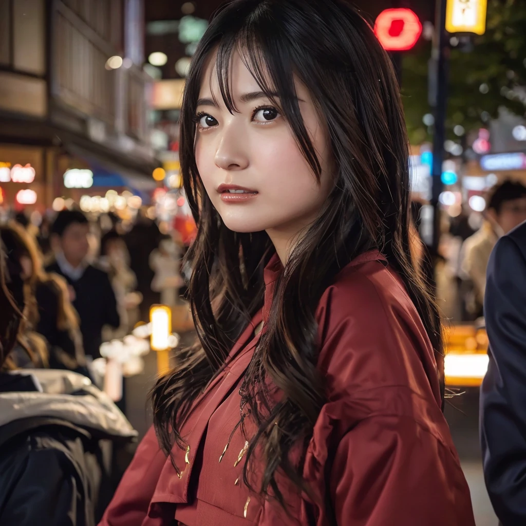 top-quality, ​masterpiece, high-detail, 16k picture quality, Detailed background, Small eyes、In the heart of Tokyo's vibrant cityscape, Stunning women between the ages of 27 and 40 gracefully adorn themselves . Tokyo at night、Girlfriend on a busy street corner, Her eyes lock us with a seductive gaze. Her dress, Perfect fit and charm, Emphasizes her bountiful breasts and elegantly tapered waist. Her hair, Beautiful shades of light brown, flowing like silk, Framing her striking features. This seductive woman、Has an attractive charm that attracts the attention of everyone around her. The dazzling neon signs of the bustling metropolis shine brightly, Make her hair shine with ethereal beauty. In this scene, In the hustle and bustle of the city, She stands as a beacon of charm and sophistication, Where the lights of the city dance in harmony with her beauty, Creating a tableau of timeless elegance in the heart of Tokyo.