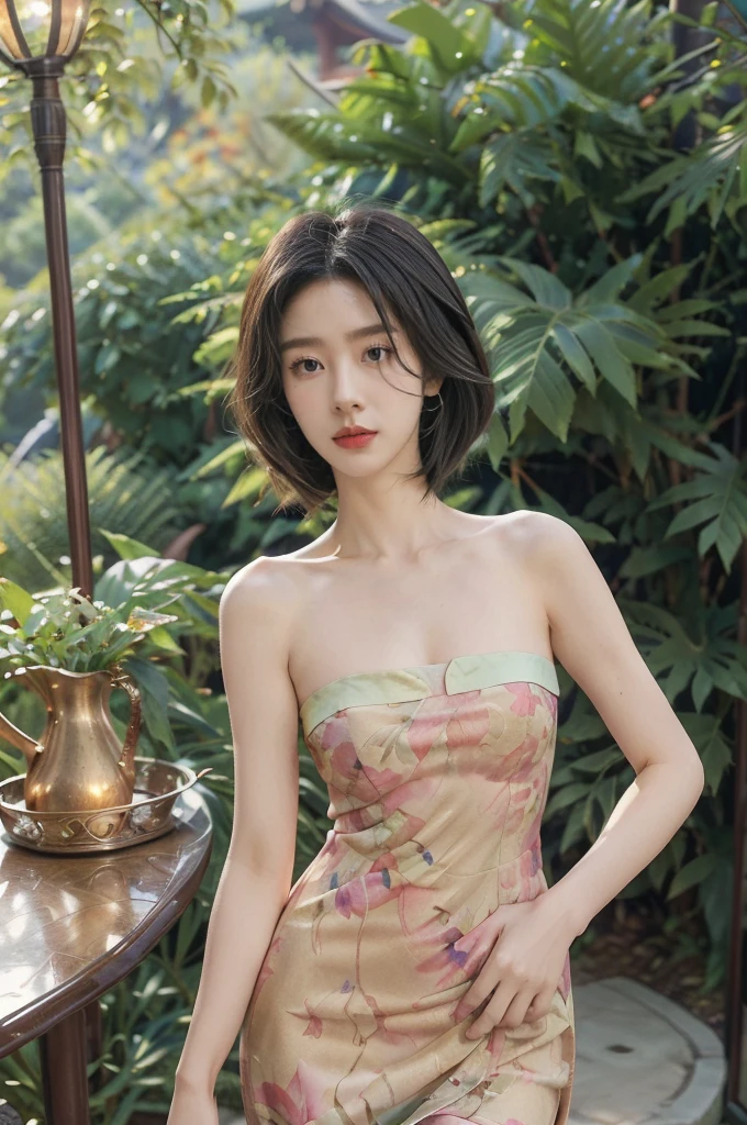 (((best quality))),(((ultra detailed))),(((masterpiece))),illustration,((1 beautiful young girl,solo)),(shoulder length straight bob hair:1.2),((slim,thin)),((small breasts,flat chest)),elegant,(walking:1.3),(pre-dawn streets of Chengdu:1.3),((melancholic gaze)),(maxi strapless chengdu taiguli floral dress:1.3),(stockings:1.3),(standing:1.3),casual style,soft moonlight, streetlights, small tavern, leisurely chatting customers, slow-moving river, weeping , autumn greenery, end of Yulin Road, anticipation, longing,((from front,upper body))