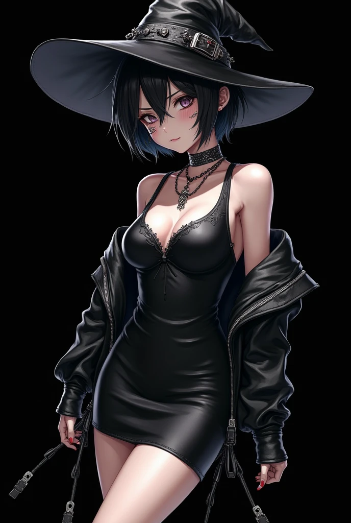 masterpiece, best quality, absurdres, perfect anatomy, 1girl, solo, Tae Takemi, short hair, witch, witch hat, tight dress, fishnets, fishnet pantyhose, cleavage, black dress, smile, parted lips, sitting