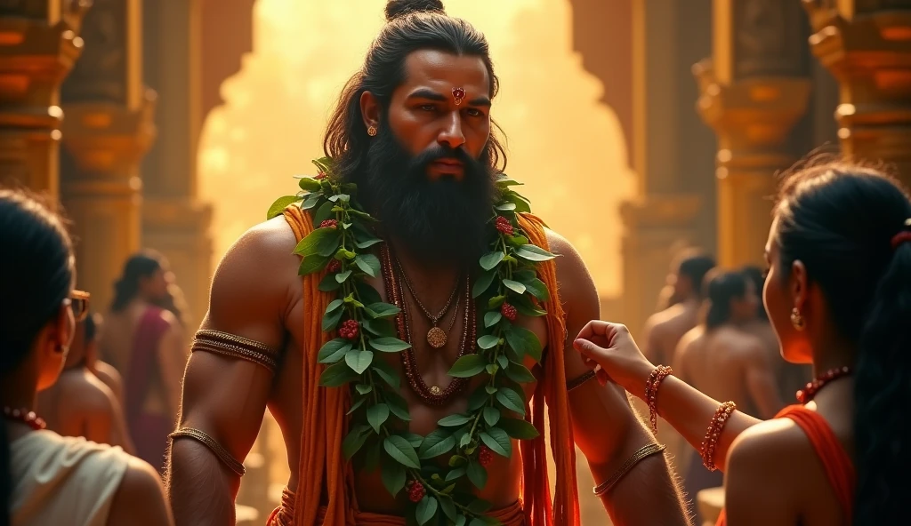 "Vasudeva, carrying newborn Krishna in a basket on his head, sneaks out of the prison cell. The doors of the cell magically open on their own, with sleeping guards in the background. The scene is filled with an eerie calm, illuminated by a faint moonlight."