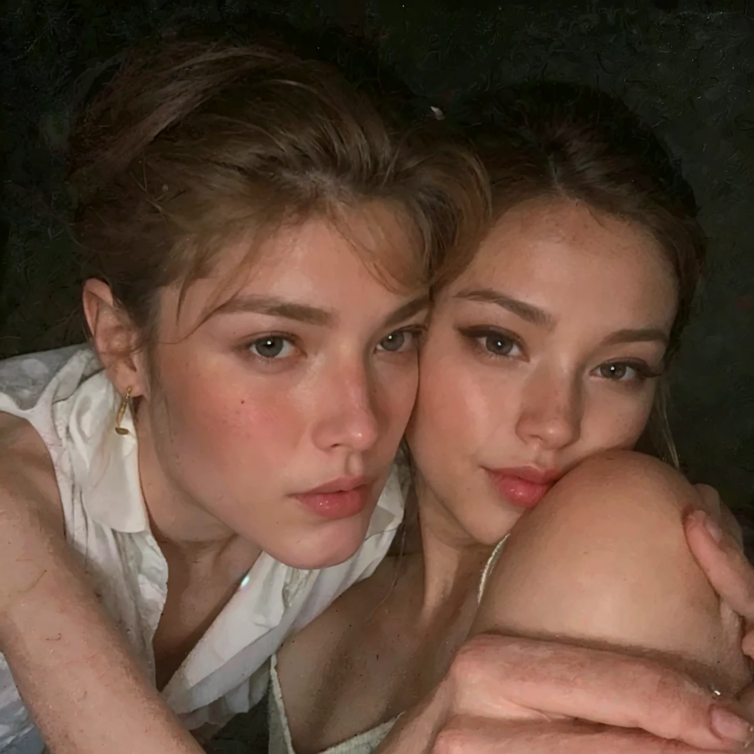 An Asian man and woman couple are posing together for a photo in a dark room., taken in the early 2020s, In the style of Petra Collins, leaked image, amaranth, leaked photo, young beautiful amaranth, very very good quality image, 1614572159, petra collins, valentine shuffle, Jordan Grimmer and Natasha Tan