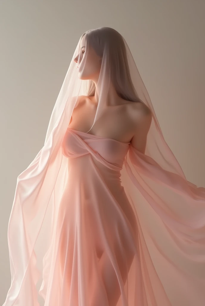 Asian woman wrapped in a transparent cloth mimicking a mermaid gown with a striking large train, the cloth clings tightly to her figure, incorporates a hijab, standing with poise, see through whole body,half naked, nipple on, dramatic lighting, volumetric textures, ultra realistic, golden ratio.