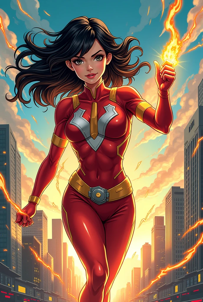 1girl, sexy pose, posing for cameras, hands on hips, Stretcher the busty comic book woman, happy, smiling, stretching, hand on hip, long hair, huge ponytail, slim, thin, athletic, womanly, rubbery, elastic woman, (white and red spandex), rubber body, brunette, ((huge breasts)), city, heroic, cheerful, (bold nose, hawkish facial features),