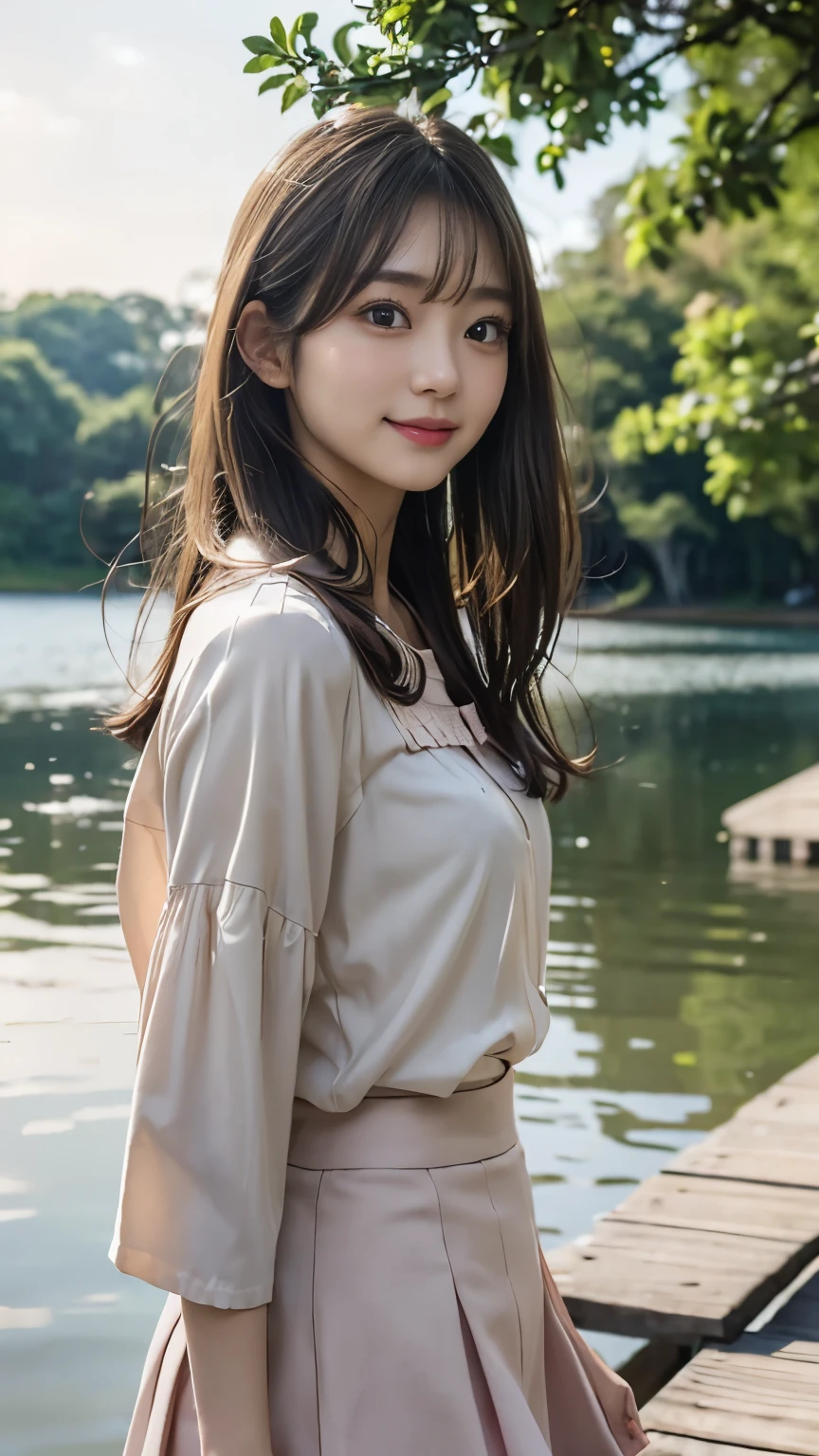 highres, ultra detailed, photorealistic, 1 beautiful japanese girl, highly detailed beautiful face, medium hair, light smile, pink beige blouse, brown flare skirt, walking, at the lake, soft lighting