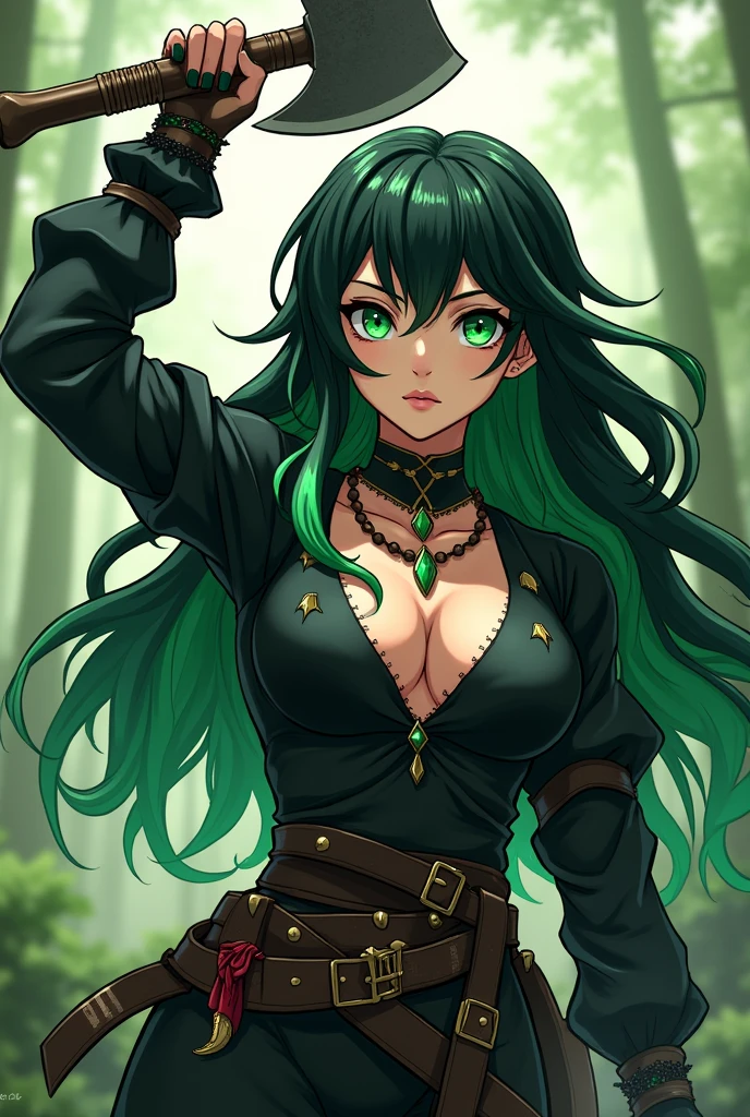 Beautiful eyes, (leather clothing), (embroidered clothes), (leather bodice), purple cloak, illustration, (forest background), ((masterpiece)), (best quality), ((ultra-detailed)), beautiful detailed eyes, (black lipstick), ((evil forest landscape)), (original, highres), realism, semi-realism, (overexposure, illustration, ambient light), (beautifully detailed), (ultra-detailed), (light-shadow_symmetry:1.3), smooth, (perfect shading), (perfect rendering), (dynamic angle, dynamic pose), ((good anatomy)), (woman), ((green hair)), (long flowing hair), (demon), (demon horns), ((gorgeous woman, gorgeous face)), ((beautiful detailed gradient colour eyes, detailed intricate iris)), lustrous skin, (detailed face), ((intricate face)), slight smile, depth of field, dynamic camera angle, cinematic lighting, (photorealistic), (sharp-focus)