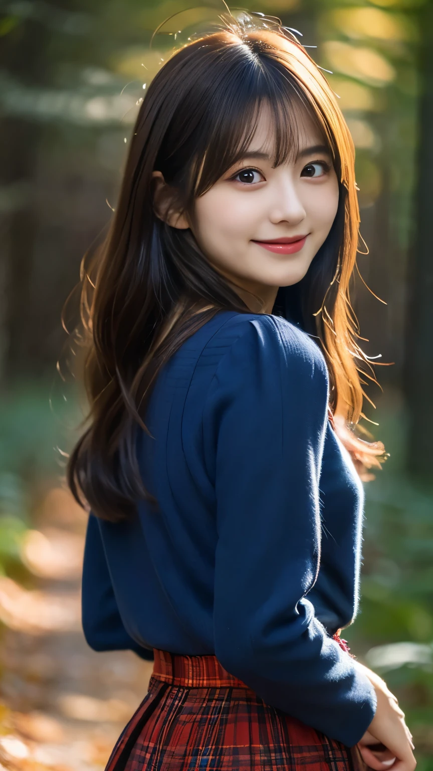 ((highest quality、8k、masterpiece:1.3)),((((upper body shot)))),Ultra-high resolution,big eyes,Japanese,forehead,bangs,(a girl),(1 girl),((16 years old)),((cute)),pretty,((facing at viewer)),(long hair),((black clothes)),grin