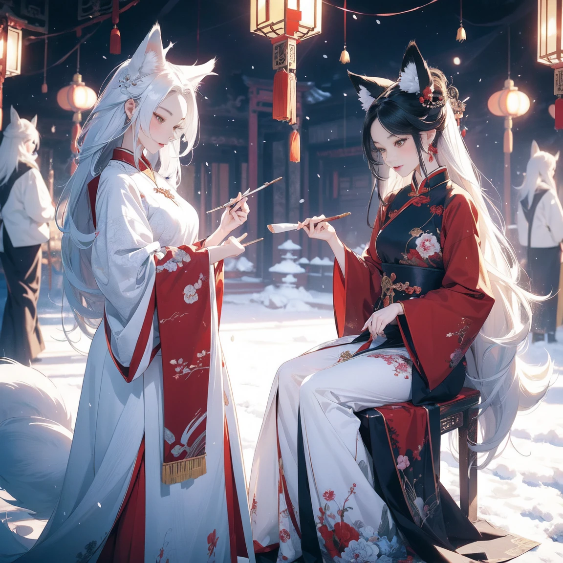 brush brush，asian woman，long snow white hair，Full body in the mirror，Big fox ears，Fox tail on body，flowing hair details，Gorgeous Chinese style accessories，Illustration composition，A nine-tailed white fox in the background，fantastic falling snow，There are also seats made of bones。