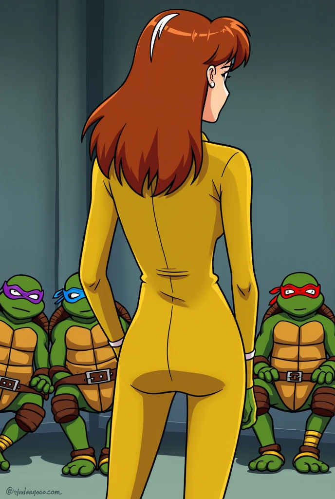 sam, totally spies, orange hair, blushing, bare shoulders, legs together, from below, thighjob, aroused, inside a train, foreskin, thigh sex, fat man, wet penis, handjob