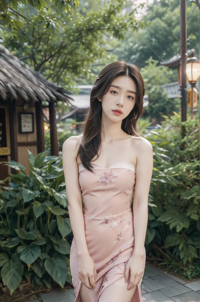 (((best quality))),(((ultra detailed))),(((masterpiece))),illustration,((1 beautiful young girl,solo)),(shoulder length straight bob hair:1.2),((slim,thin)),((small breasts,flat chest)),elegant,(walking:1.3),(pre-dawn streets of Chengdu:1.3),((melancholic gaze)),(maxi strapless pink chengdu taiguli flower dress:1.3),(stockings:1.3),(standing:1.3),casual style,soft moonlight, streetlights, small tavern, leisurely chatting customers, slow-moving river, weeping , autumn greenery, end of Yulin Road, anticipation, longing,((from front,upper body))