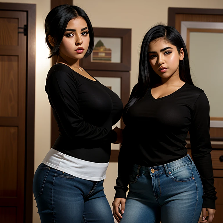body photo, beautiful detailed, cute face, cute mexican , slightly chubby, short black hair, black hair over one eye, long sleeve plain T-shirt, long pants, fat curvy wide hips, solo, voluptuous breasts,