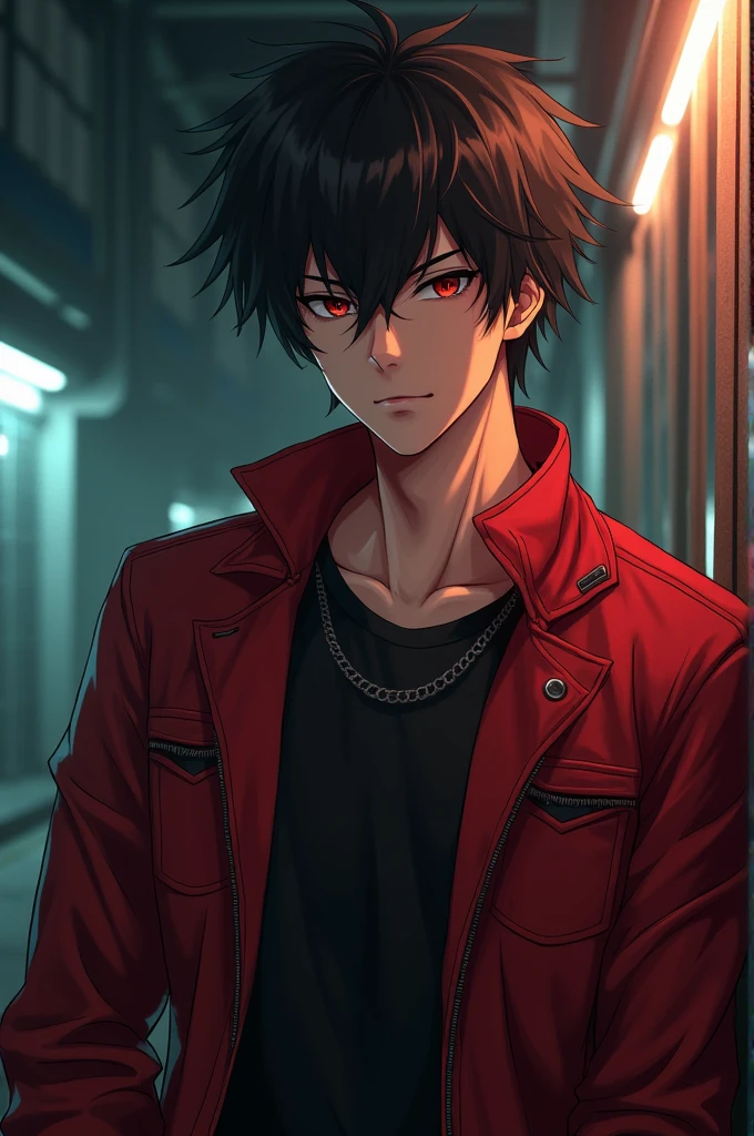 Boy, semi-short hair, two-tone red and black hair, tall, thin, red eyes, black leather jacket, chains, earrings, A cool guy, Black and red, parted black and red hair, black and red leather jacket
