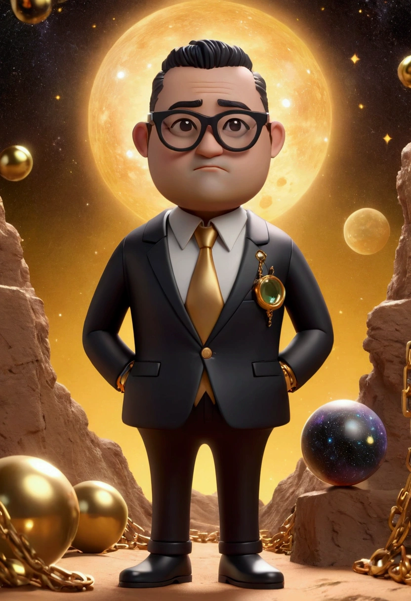 Long-range panoramic lens，3D full scene，Clay animation，wack, Wearing black glasses, Thick gold chain, Wearing an old suit, galaxy background，Magic style