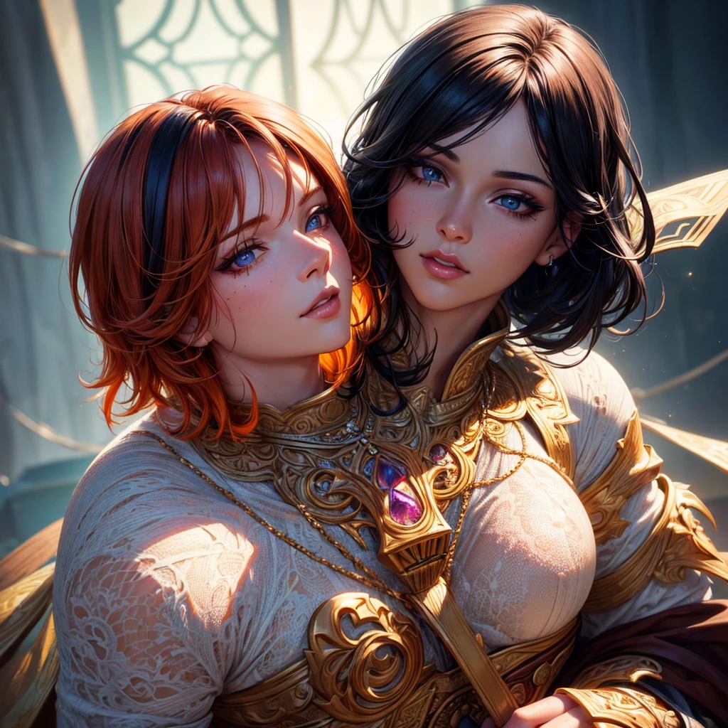 (masterpiece, best quality), best resolution, (2heads:1.5), 1girl, looks like Elizabeth Olsen, long hair with bangs, blue eyes, eyes half open, eyes closing, sleepy, bored, lying on stomach on a bed, reading a book, bedroom, night, cheeks rubbing together, big breasts, scarlet witch, mouths wide open,