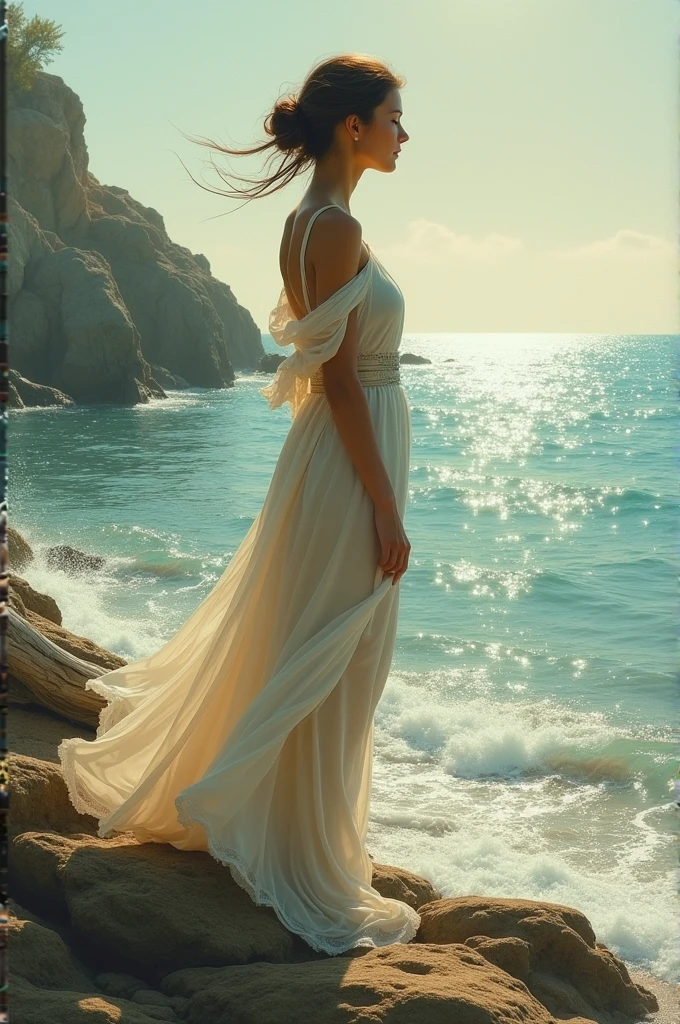 Create an ultra-realistic and high-resolution image of a woman on the coast, it should be a real model and not a drawing, looking at the horizon. She is deeply thoughtful, lost in a moment of contemplation and meditation. The scene is serene and peaceful, with the soft sound of waves crashing down on the shore and the soft glow of the setting sun casting a warm light over everything. The woman is dressed in fluid, ethereal clothing, her hair blowing softly in the breeze. She is the embodiment of calm and tranquility, a figure of grace and beauty amidst the natural splendor of the sea. The image should be sharp and clear, with vibrant colors and precise detail, fgazendo silent sign with the index finger on the lips --auto --s2