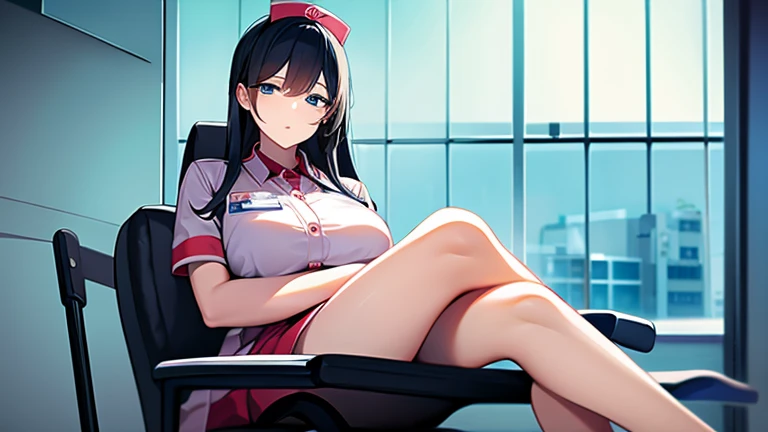 black hair, hair behind ear, straight hair, long hair, kamina shades, mole under eye, Social realism, ray tracing, cowboy shot, anatomically correct, textured skin, high details, high quality, best quality, super detail, 8k, Female doctor, white coat, hospital, Examination room, examining a patient, looking at a chart, (sitting cross-legged in a wheelchair), Black Stockings
