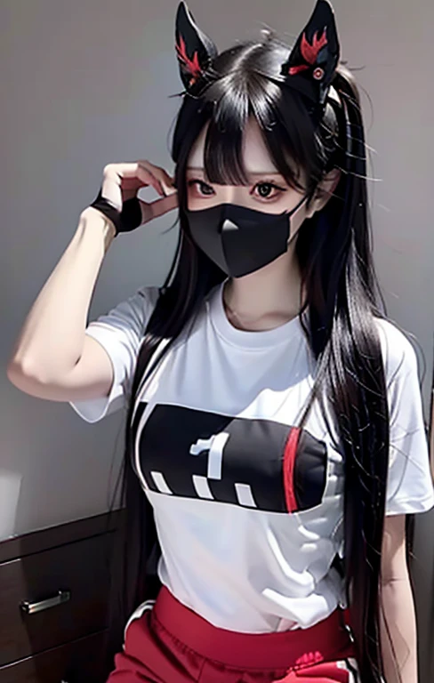 top-quality, ​masterpiece, Girl wearing white mask sitting, beautiful countenance, (photographrealistic:1.3), Rim lighting, (High Detail Skins:1.2), 8K UHD, Digital SLR, poneyTail、bangss、 hightquality, hight resolution, 4K, 8K, bokeh dof, absurderes, best ratio four finger and one thumb, (realisitic:1.3), pretty 1girl, Oversized white T-shirt, middlebreasts, Short tight skirt with camouflage pattern,,Black boots、Panchira、white  panties、Taken from the front、food、White mask