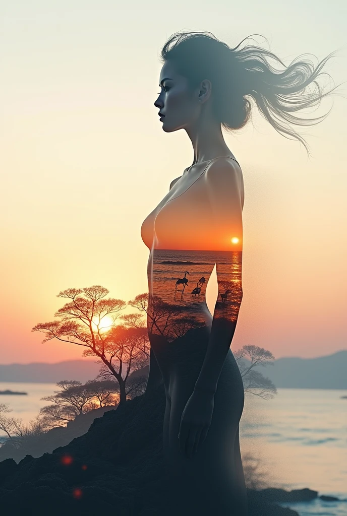 high quality, 8k ultra hd, Una hermosa double exposure que combina una silueta de diosa con la costa al atardecer, The coast at sunset should serve as a backdrop, with its details incorporated into the goddess, sharp lines, The background is monochrome, sharp focus, double exposure, By Yukisakura, Stunning full color