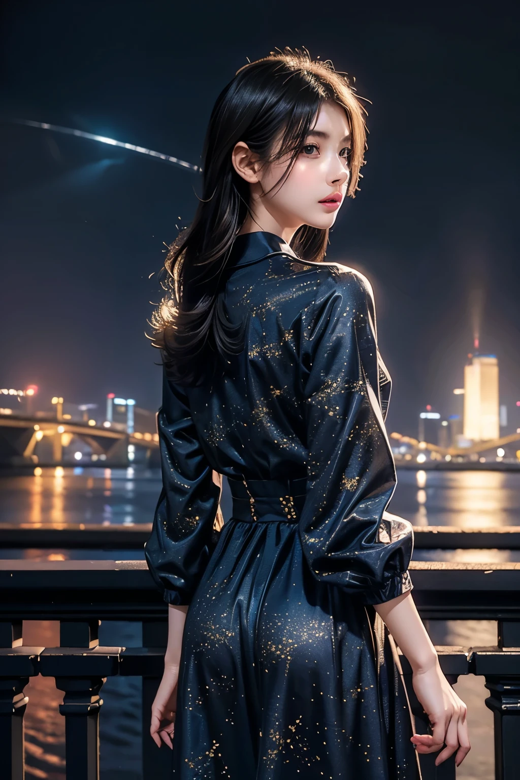 masterpiece, Best Quality, One girl, Alone, Guizhong City_Genshin Impact, default_dress, From behind, Starry sky print, The sleeves reach up to the wrists、Look back