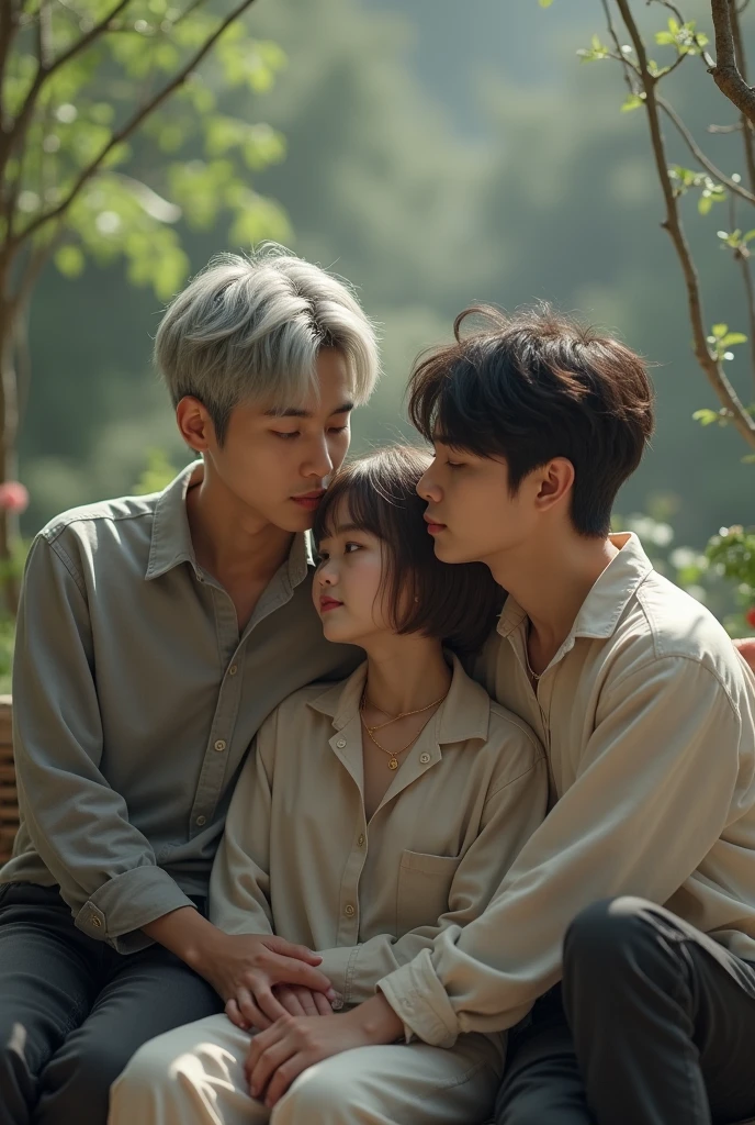 Rm and jin from bts sitting on a bench realistic