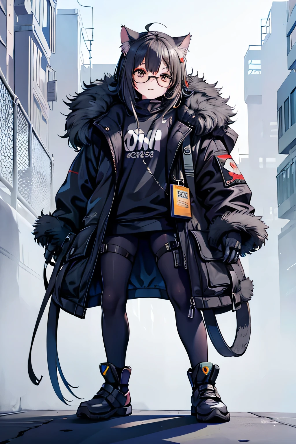 One cat　animal　Plump　Golden Eyes　Wears black-rimmed glasses　A defiant look　Full body view　Leaning against the wall　Grey and black fur　Golden Eyes　The background is a cyberpunk cityscape