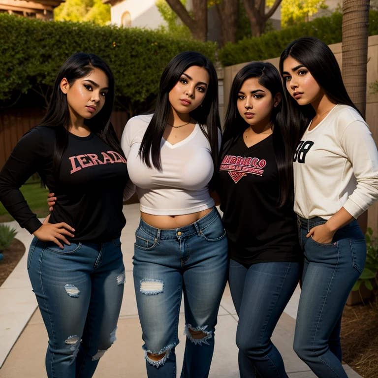 3 girl, beautiful detailed, cute face, short, 3 Mexican emo s, slightly chubby, different personalities, different body shapes, short black hair different style, black hair over one eye, long sleeve v neck long t shirt tucked in long jeans, pearshaped wide hips, solo, voluptuous breasts, full body photo close up, in their house backyard,