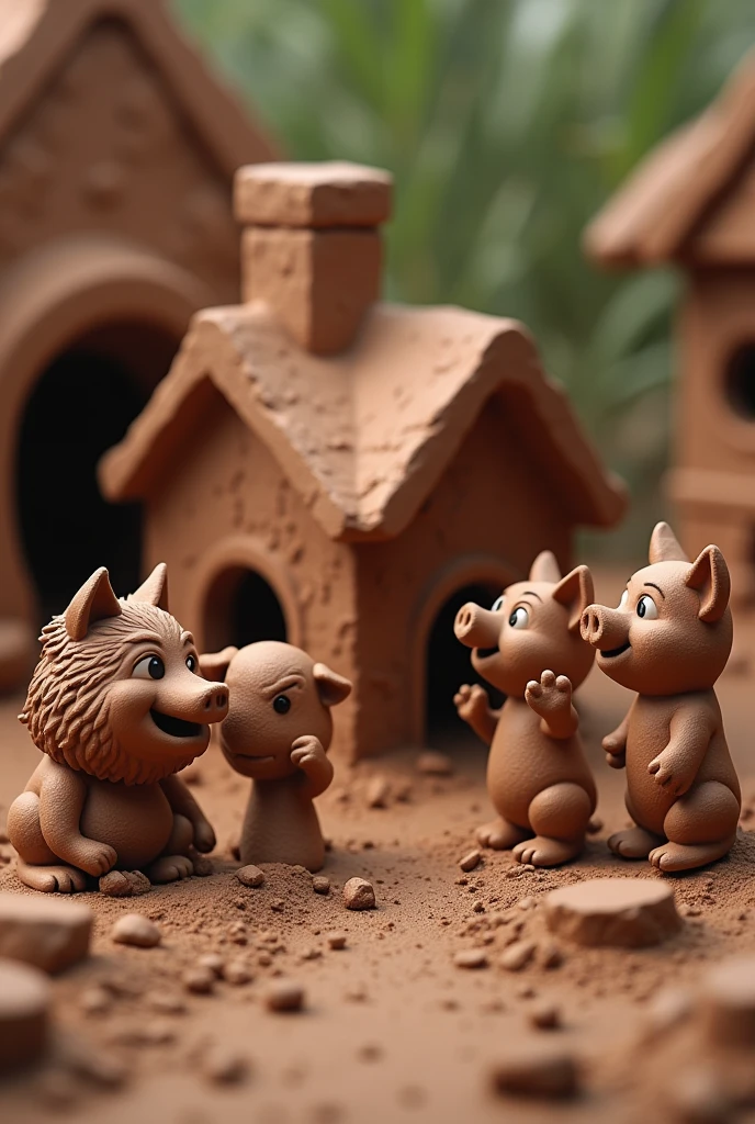 Various Clay Figurines, dirty, Made of Earth, Animation in the form of clay and different animals, Beautiful Picture, The Wolf and the Little Pigs, House, All from Clay.