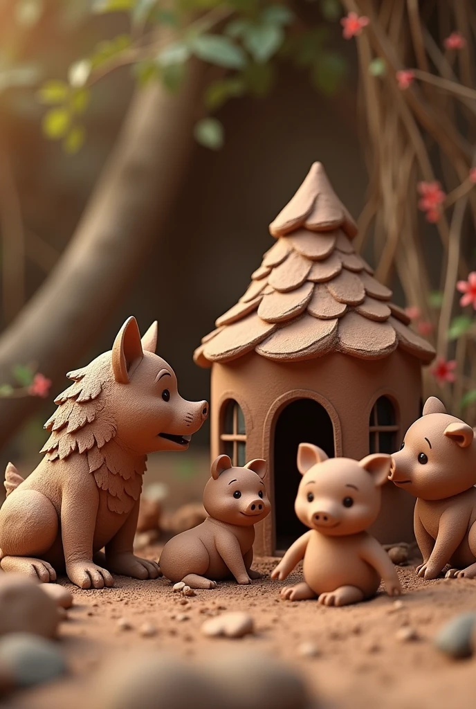 Various Clay Figurines, dirty, Made of Earth, Animation in the form of clay and different animals, Beautiful Picture, The Wolf and the Little Pigs, House, All from Clay.