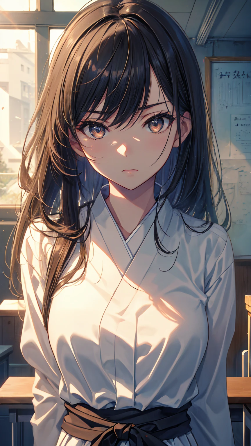 ((masterpiece)), (best quality), (ultra-detailed), 1girl, Upper body close-up, solo, Japanese high school girl, slender build, 160cm tall, long straight black hair to the waist, black almond-shaped eyes with a slight upward tilt, serious expression, detail lip, standing in the classroom, sunlight streaming through windows, holding textbooks and clipboard, confident posture, determined gaze, a hint of vulnerability in eyes, meticulous appearance, neatly styled hair, realistic fabric textures, soft lighting, depth of field, high contrast, cinematic composition, Rule of thirds composition, Noise-free clean image, High detail, 8K resolution, official art, Splash anime art, Smooth anime CG art, pixiv, Sequential art