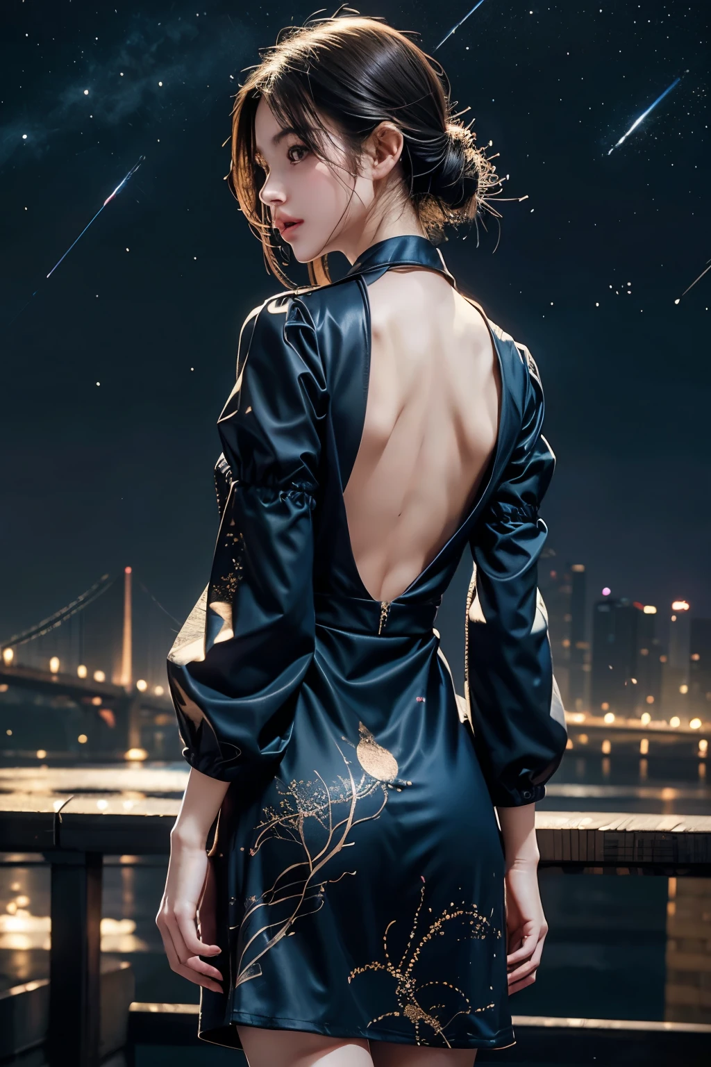 masterpiece, Best Quality, One girl, Alone, Guizhong City_Genshin Impact, default_dress, From behind, Starry sky print, The sleeves reach up to the wrists、Look back