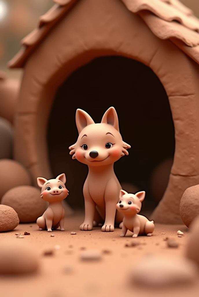 Various Clay Figurines, dirty, Made of Earth, Animation in the form of clay and different animals, Beautiful Picture, The Wolf and the Little Pigs, House, All from Clay.