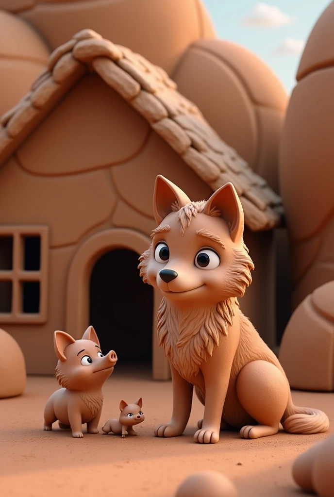 Various Clay Figurines, dirty, Made of Earth, Animation in the form of clay and different animals, Beautiful Picture, The Wolf and the Little Pigs, House, All from Clay.