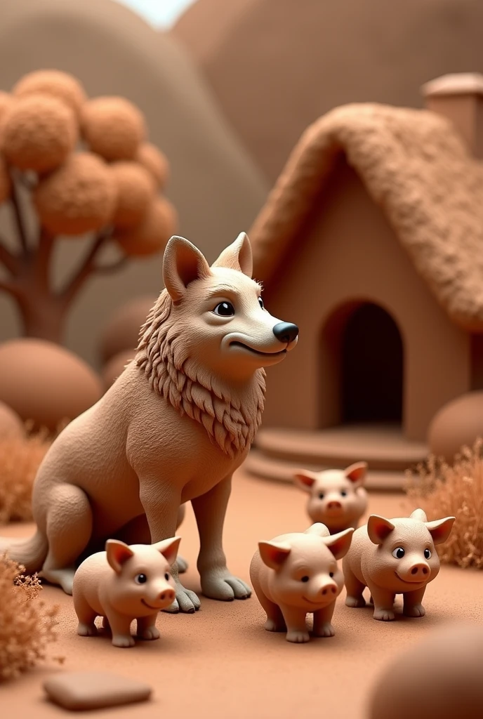 Various Clay Figurines, dirty, Made of Earth, Animation in the form of clay and different animals, Beautiful Picture, The Wolf and the Little Pigs, House, All from Clay.