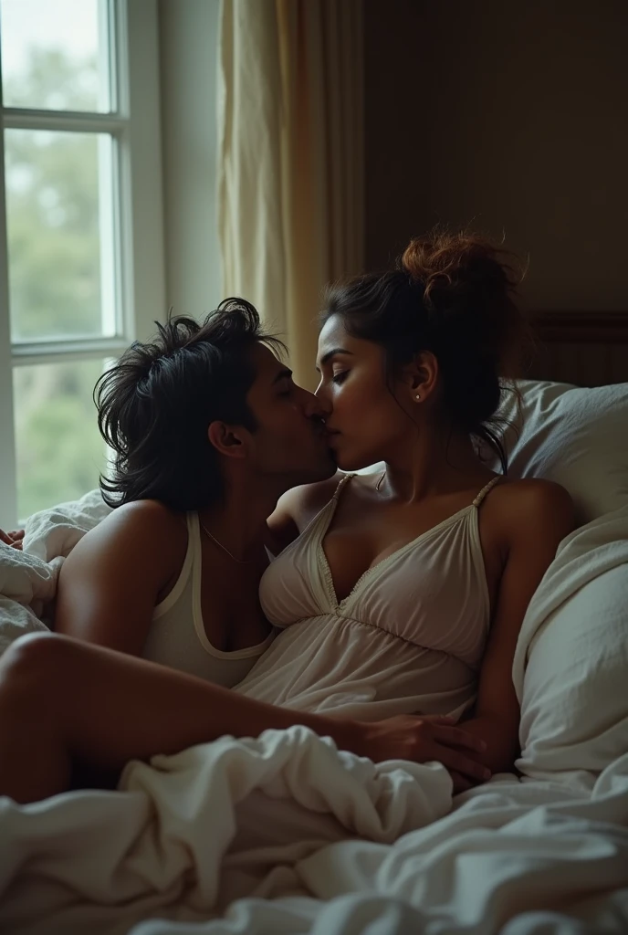 top angle image, Beautiful Indian woman and man, sitting at the back seat of car, romantic scene, soft natural lighting, wearing deep neck floral top showing cleavage and wearing a micro mini skirt, his hand is around her shoulder and groping her breast, man groping her breast, erotic steamy romance, cinematic lighting